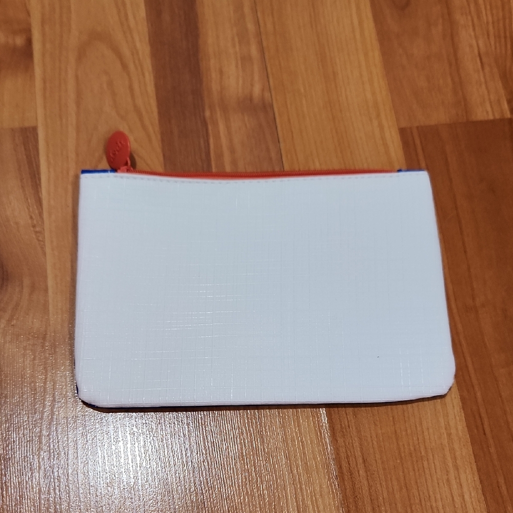 Ipsy Blue and White Makeup Pouch with Orange Zipper